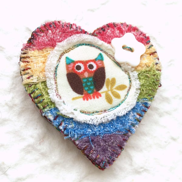 Cute Rainbow Owl Brooch. Textile Brooch. Rainbow Brooch. Handmade Brooch.
