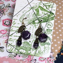 Amethyst hexagon bronze leaf earrings