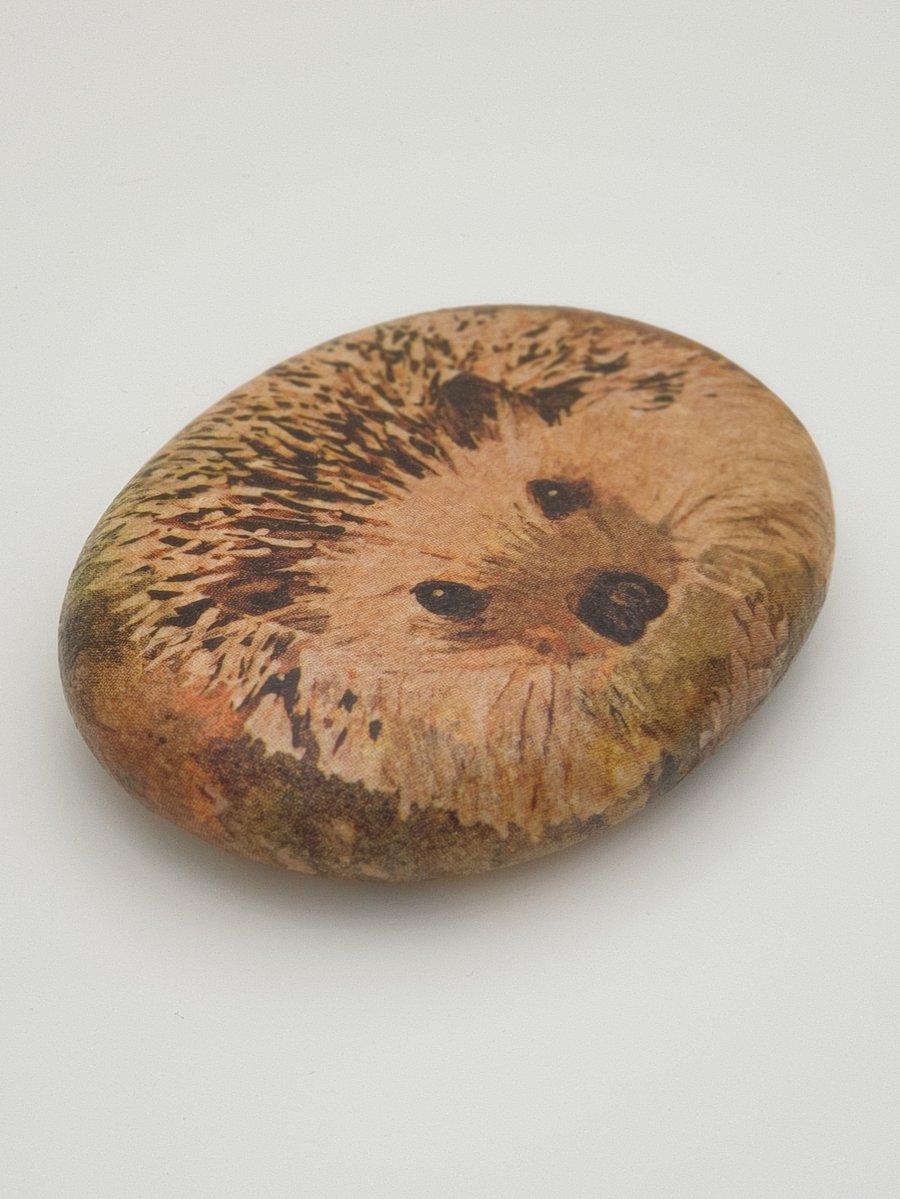 Hedgehog wooden decoupaged pebble,  nature lover gift 
