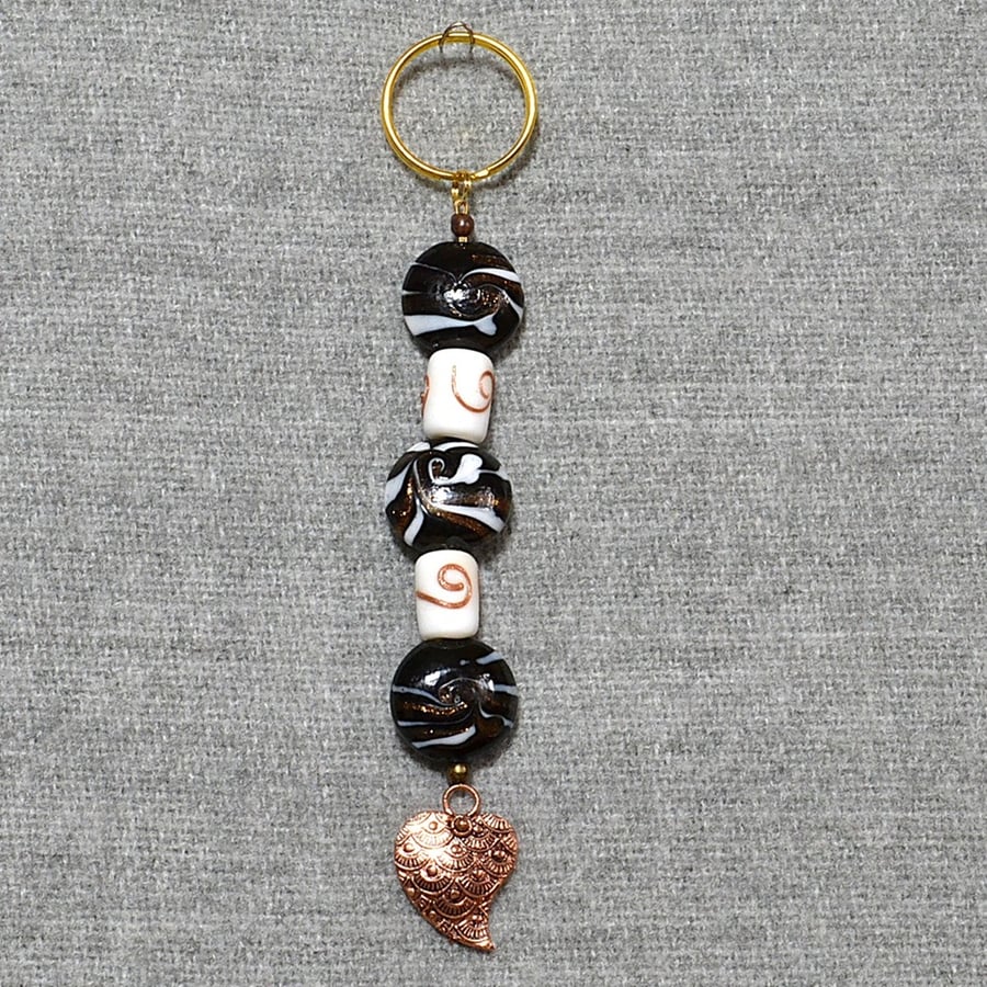 Keyring or Bag Charm – Black and White Glass Beads with Copper Heart Charm