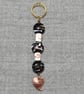 Keyring or Bag Charm – Black and White Glass Beads with Copper Heart Charm - Image 1
