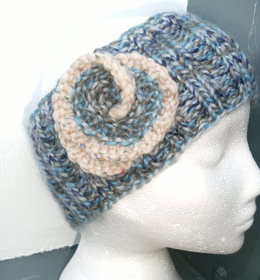 Tweedy Swirl Headband 100% Wool in Blues & Greys MED