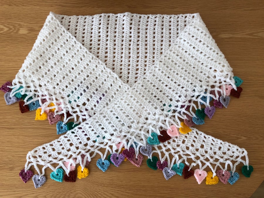 Large Crochet White Wrap Shawl With Multi Coloured Crochet Hearts (R835)
