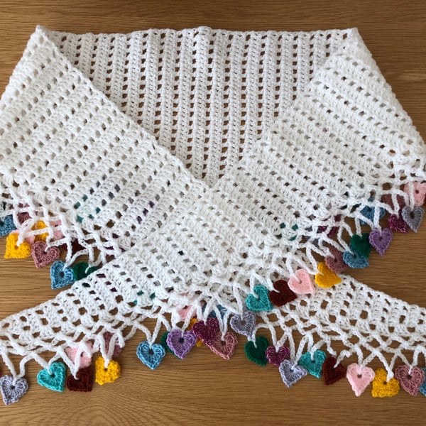 Large Crochet White Wrap Shawl With Multi Coloured Crochet Hearts (R835)