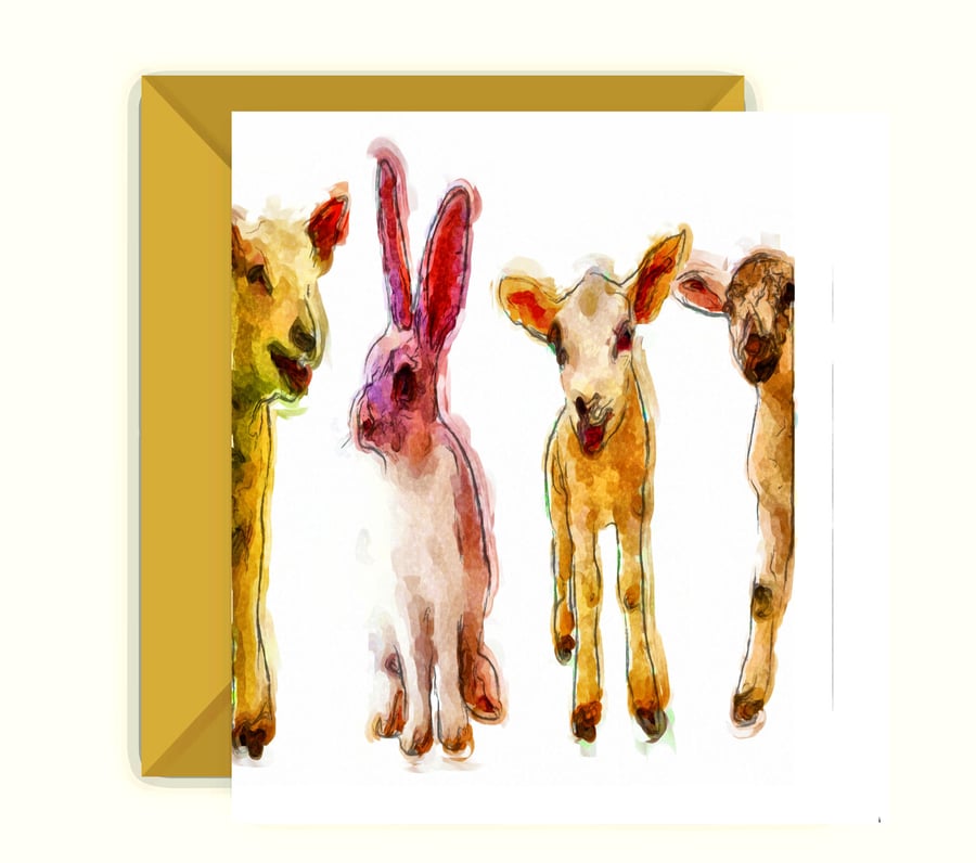 Odd One Out, Lambs, Sheep and Hare Easter Card