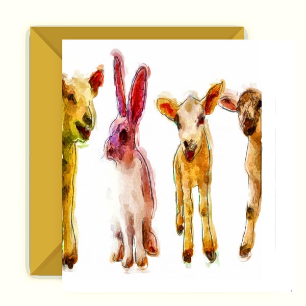 Odd One Out, Lambs, Sheep and Hare Easter Card