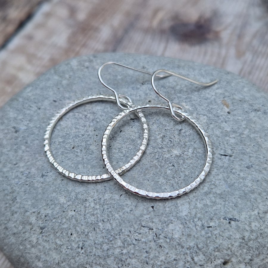 Large Sterling Silver Hammered Textured Circle Hoop Earrings