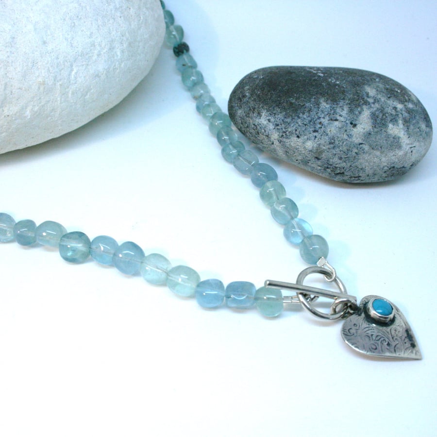 Eau de nil fluorite and turquoise necklace with sterling silver heart pendant