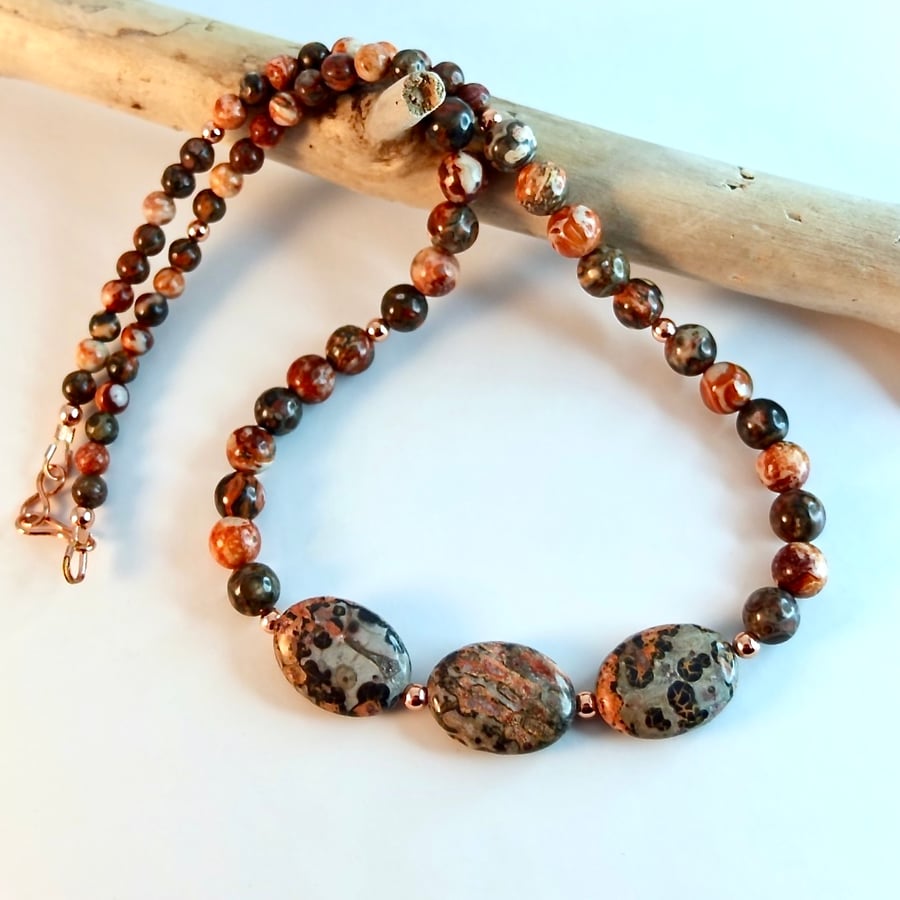 Leopardskin Jasper Necklace With Copper Beads - Handmade In Devon