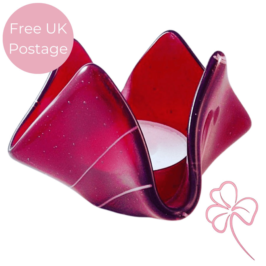 Garnet Red Handkerchief Fused Glass Candle Holder – Unique Handmade Home Accent