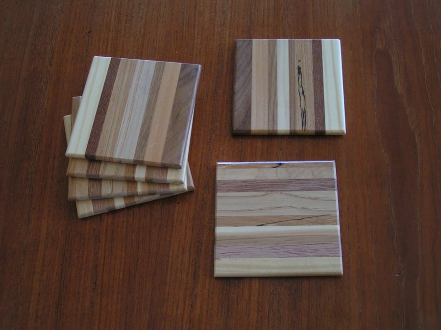 Set of six stripy wooden coasters