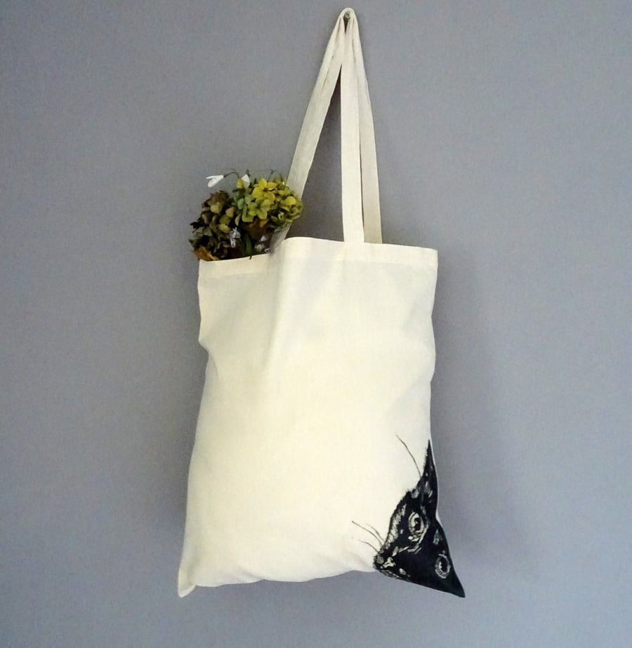 Black Cat Tote Bag - Re-Usable Cotton Shopping Bag, cute cat, cat lover