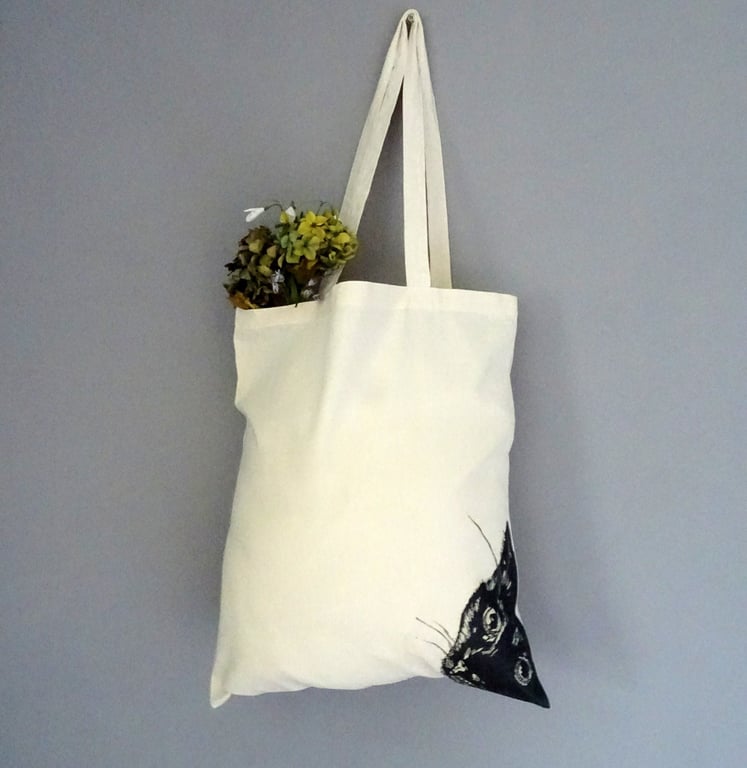 Black Cat Tote Bag - Re-Usable Cotton Shopping Bag, cute cat, cat lover