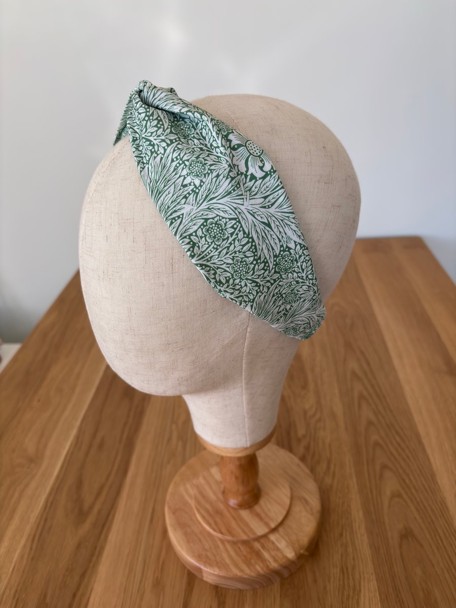 Cotton headband, twist knot style hairband in green and white floral print