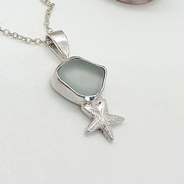 Sea glass with starfish pendant sterling silver bluey gray natural sea tumbled