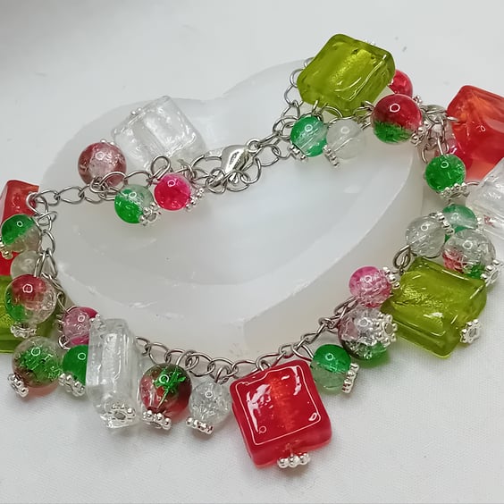 Christmas Coloured Glass Charm Bracelet