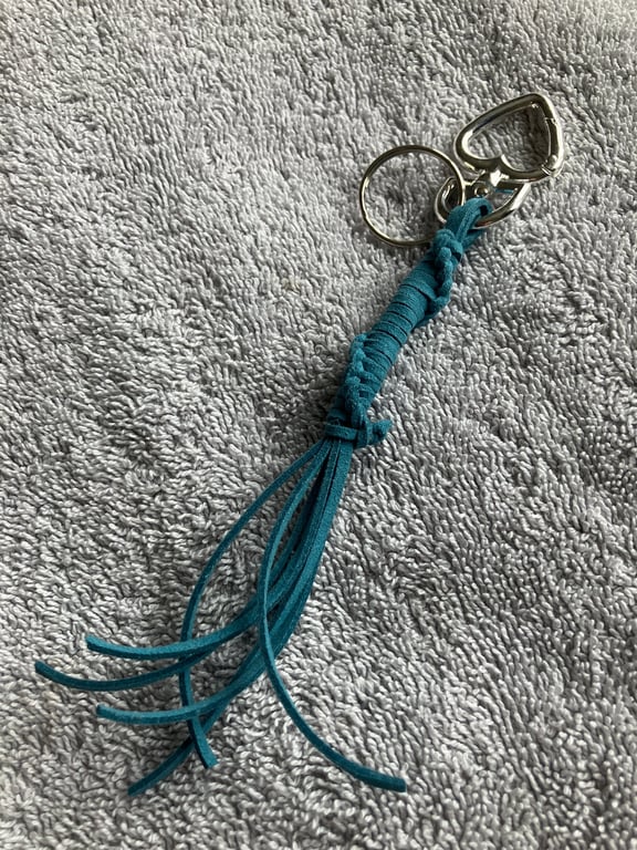 Teal Blue Suede Keyring - Bag Charm with Silver coloured Heart-shaped Carabiner 