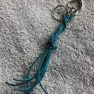 Teal Blue Suede Keyring - Bag Charm with Silver coloured Heart-shaped Carabiner 