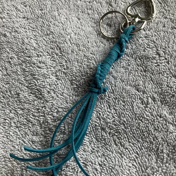Teal Blue Suede Keyring - Bag Charm with Silver coloured Heart-shaped Carabiner 
