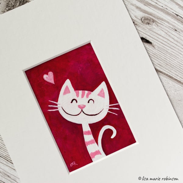 White Cat Valentine Love Hearts Original Painting - Mini Artwork 55mm x 84mm