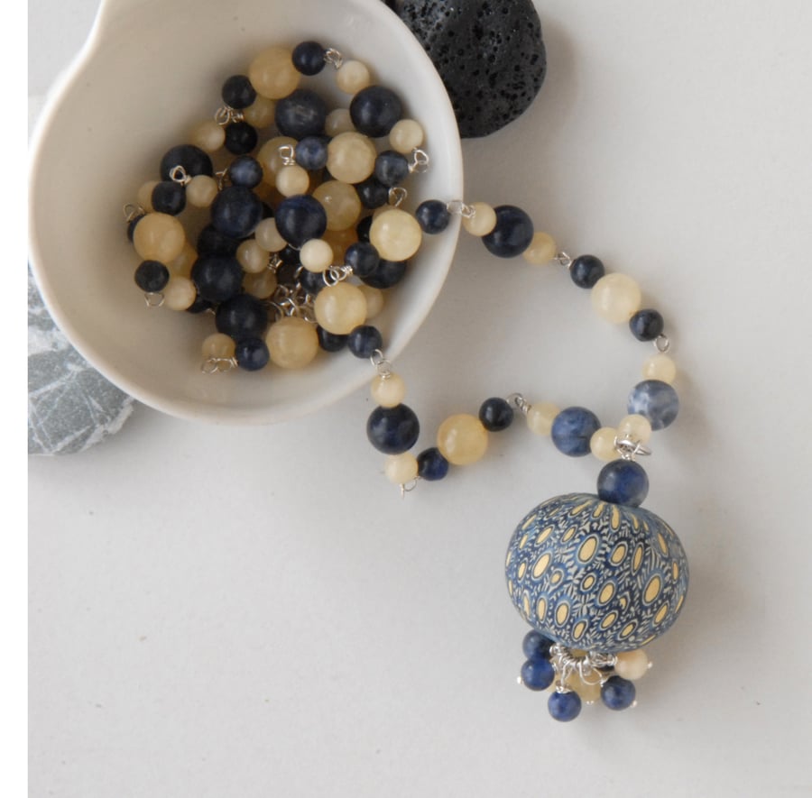 Navy blue and yellow silver necklace