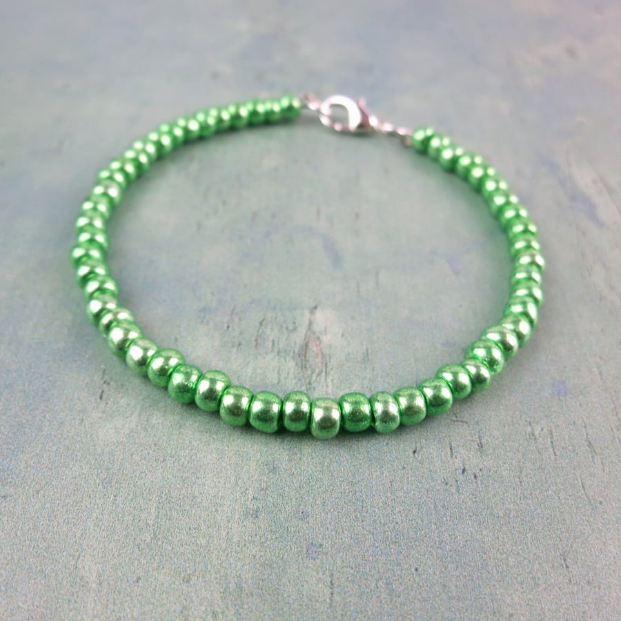 Glass Beaded Bracelet - Metallic Lime Green