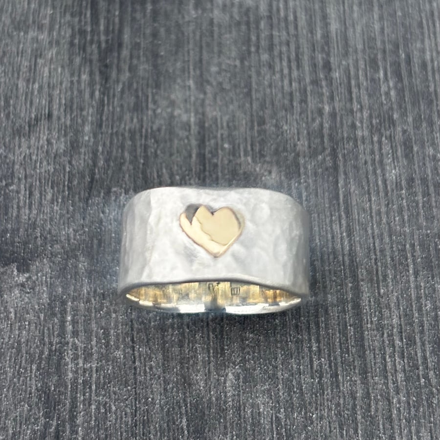 Chunky Hammered Silver Ring with gold heart ring