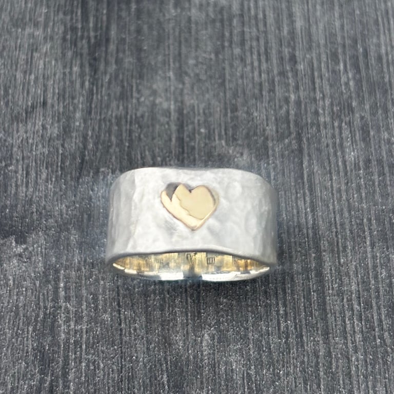 Chunky Hammered Silver Ring with gold heart ring