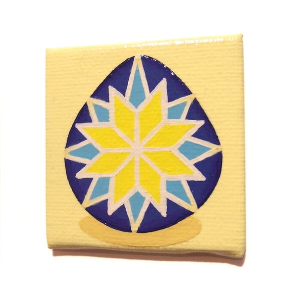 Sold Egg Fridge Magnet with Blue and Yellow Patterned Egg