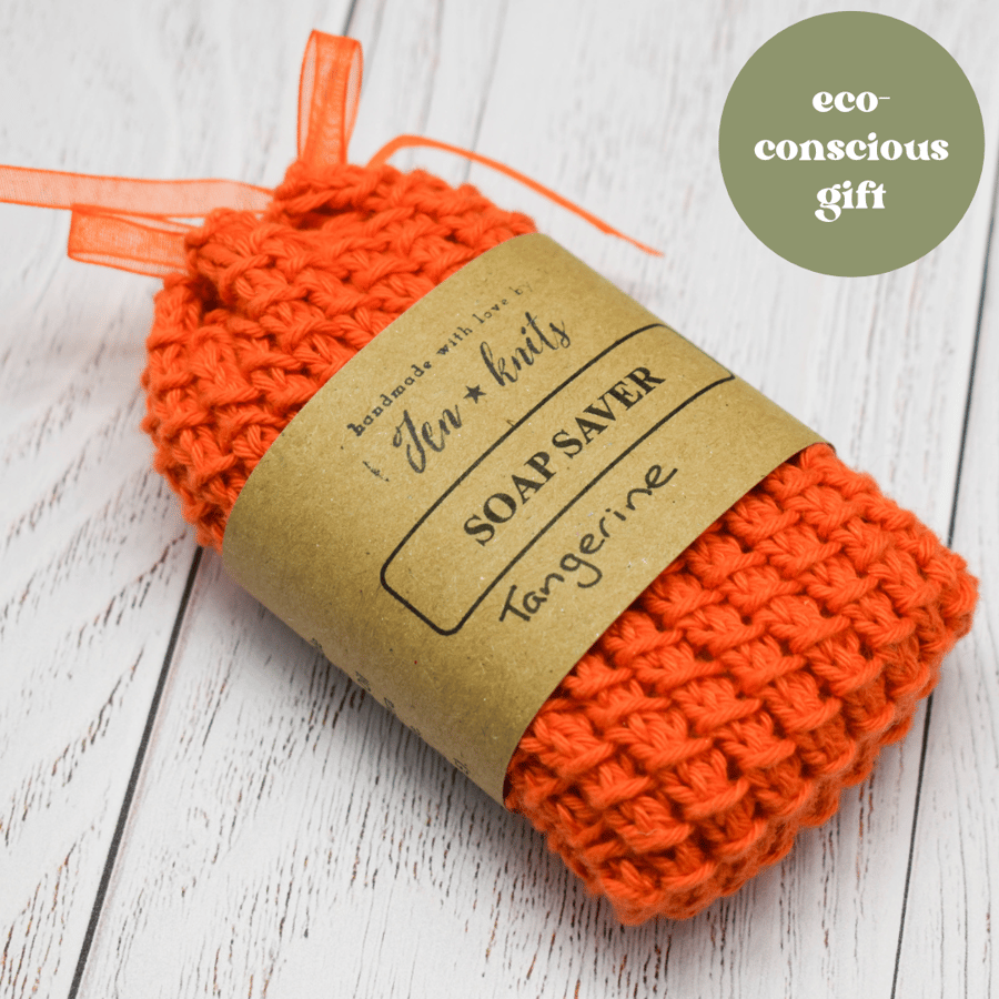 Hand knitted cotton soap saver - Orange - with Tangerine soap