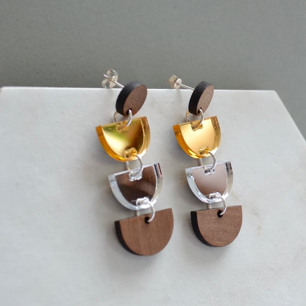 Statement earrings in walnut wood with silver and gold mirror acrylic