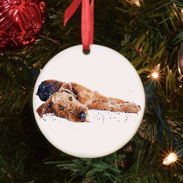 Airedale Terrier V Ceramic Circle Tree Decoration.Airedale Terrier Xmas Tree Dec