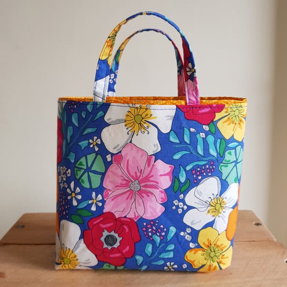 Reusable fabric Gift bag, floral print on blue
