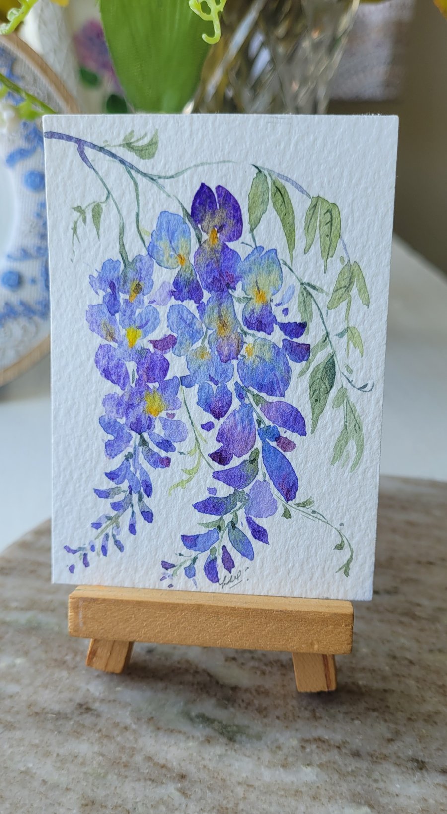 original watercolour ACEO, wisteria flowers, mini artwork