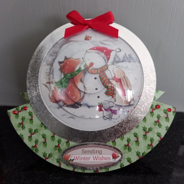Woodland Friends snowglobe style Christmas rocker card, handmade