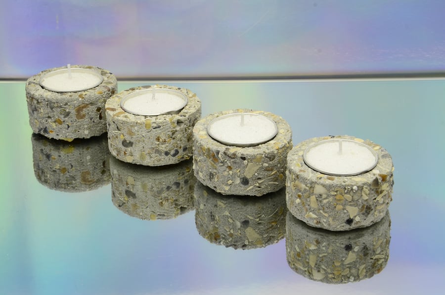 Set of 4 Small Round Handmade Brushed Concrete Tea Light, Air Plant Holders     