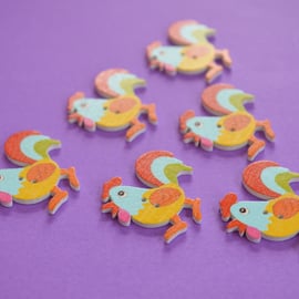 Wooden Cockerel Buttons Yellow Orange Blue Red 6pk 30x30mm Chicken Hen (CK6)