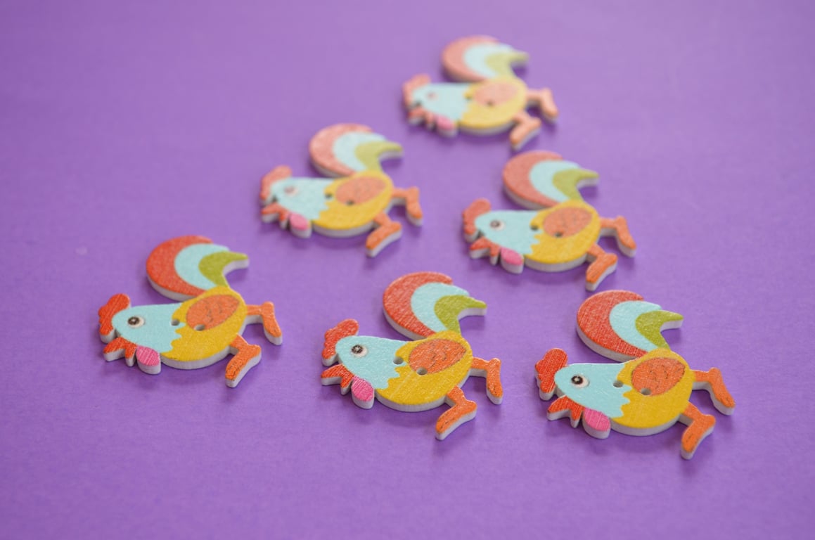 Wooden Cockerel Buttons Yellow Orange Blue Red 6pk 30x30mm Chicken Hen (CK6)