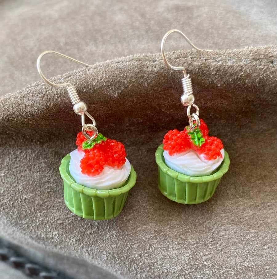 Raspberry and Cream Cupcake lightweight acrylic dangly fashion earrings
