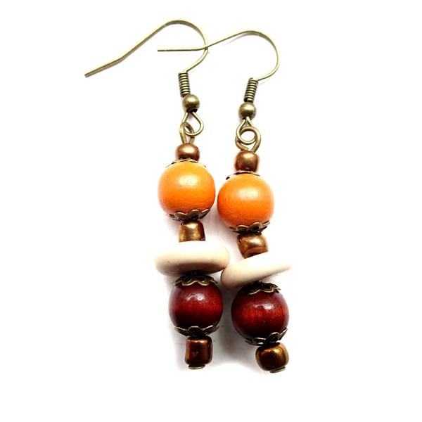 Orange Off White Brown Bead African Inspired Dangle Drop Earrings