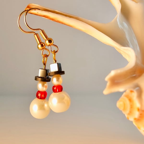 Christmas Earrings - Pearly Snowmen - Handmade In Devon - Free UK P&P 