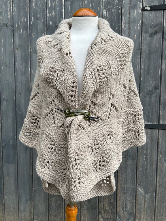 One Off Handknitted Crescent Lace Shawl Scarf Wrap in Taupe Wool Blend
