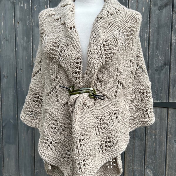 One Off Handknitted Crescent Lace Shawl Scarf Wrap in Taupe Wool Blend