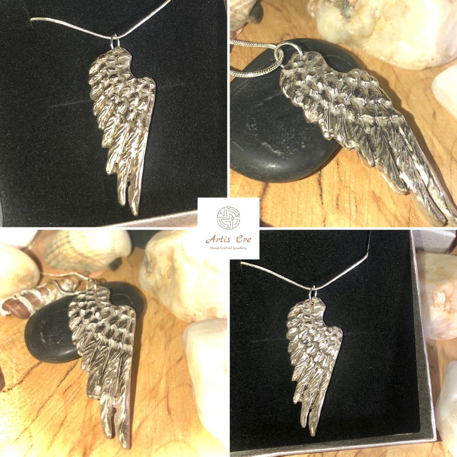 Solid White Bronze Angel Wing Pendant 20” sterling Silver Snakechain