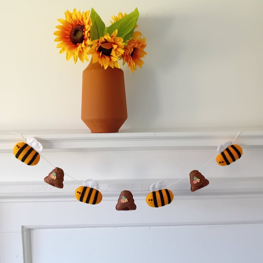 Hand Sewn Garland of Bees and Beehives