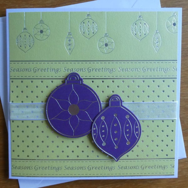 Christmas Card - Lime Green and Purple - Baubles