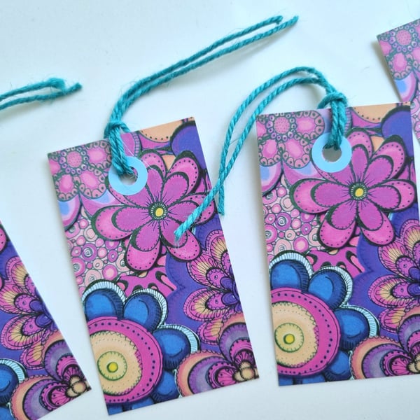 Gift Tag, Blank, Retro, Flower Power, Handrawn Illustration, printed, 4 pack, 