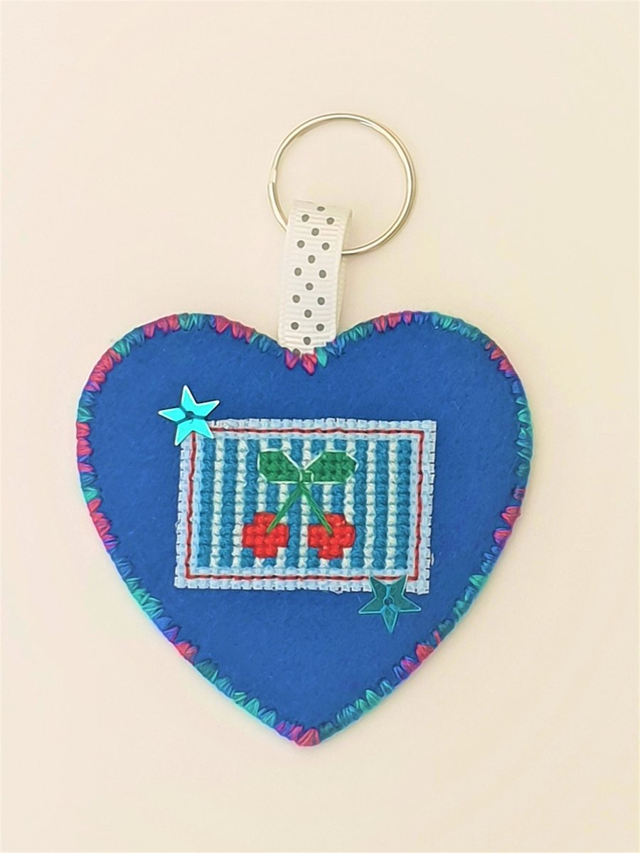Cherries theme heart shaped Keyring with star sequin detail