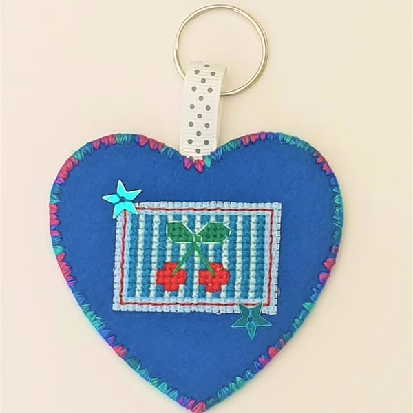 Cherries theme heart shaped Keyring with star sequin detail
