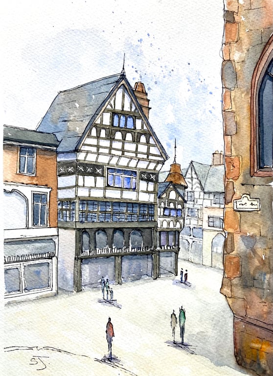 Chester city centre Tudor Architecture original watercolour painting 